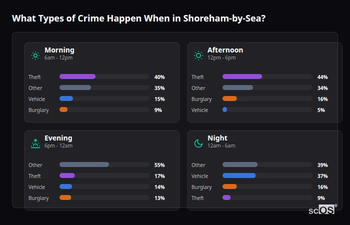 Crime types by time period for Shoreham-by-Sea - showing breakdown of burglary, violence, theft, and vehicle crime by morning, afternoon, evening, and night