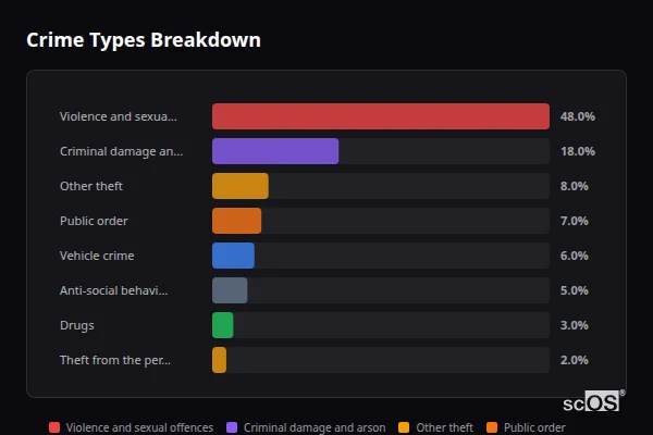 Crime Types Breakdown for Flimby - showing Violence and sexual offences (48%), Criminal damage and arson (18%), Other theft (8%)