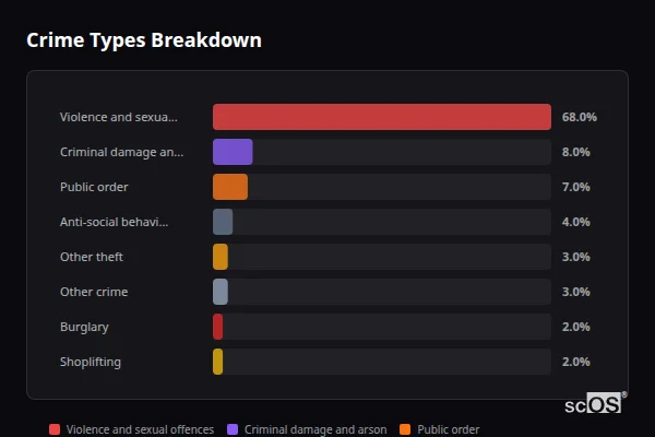 Crime Types Breakdown for Silloth - showing Violence and sexual offences (68%), Criminal damage and arson (8%), Public order (7%)