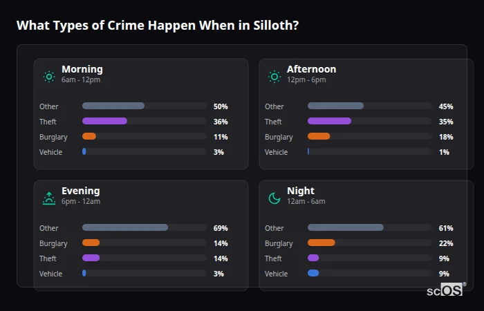 Crime types by time period for Silloth - showing breakdown of burglary, violence, theft, and vehicle crime by morning, afternoon, evening, and night