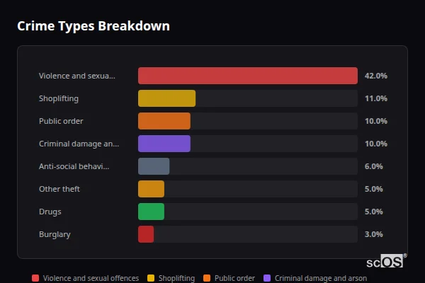 Crime Types Breakdown for Workington - showing Violence and sexual offences (42%), Shoplifting (11%), Public order (10%)