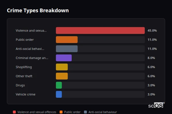 Crime Types Breakdown for Alfreton - showing Violence and sexual offences (45%), Public order (11%), Anti-social behaviour (11%)