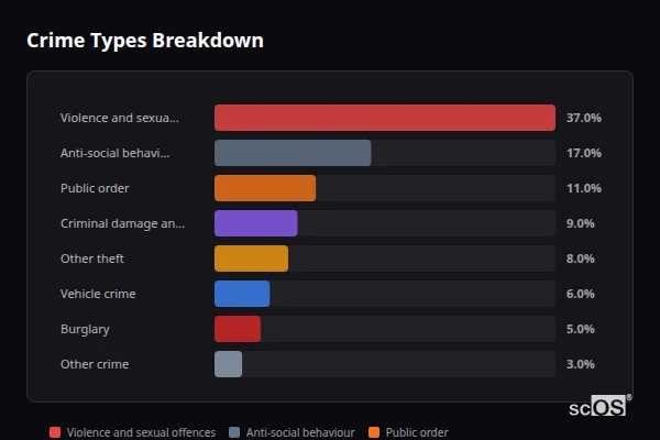 Crime Types Breakdown for Rural Amber Valley - showing Violence and sexual offences (37%), Anti-social behaviour (17%), Public order (11%)