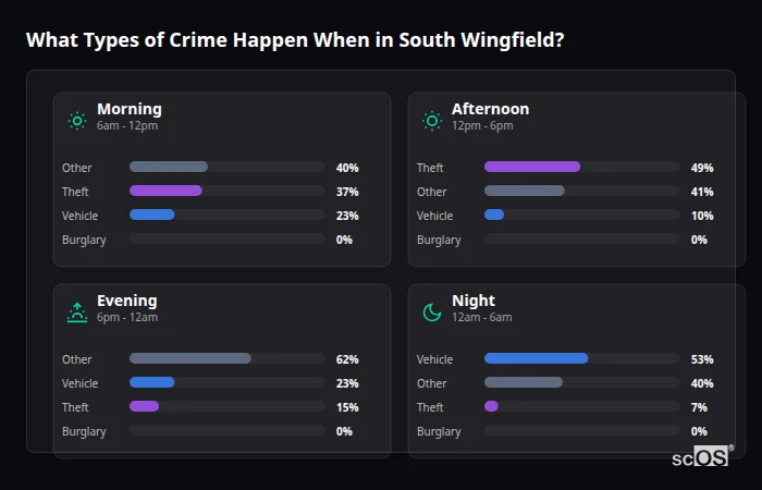 Crime types by time period for South Wingfield - showing breakdown of burglary, violence, theft, and vehicle crime by morning, afternoon, evening, and night
