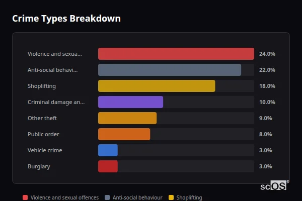 Crime Types Breakdown - Arundel Crime Types Breakdown for Arundel - showing Violence and sexual offences (24%), Anti-social behaviour (22%), Shoplifting (18%)