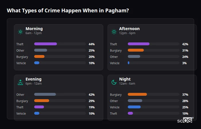 Crime types by time period for Pagham - showing breakdown of burglary, violence, theft, and vehicle crime by morning, afternoon, evening, and night
