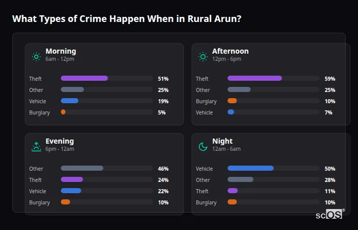 What Types of Crime Happen When in Rural Arun? Crime types by time period for Rural Arun - showing breakdown of burglary, violence, theft, and vehicle crime by morning, afternoon, evening, and night