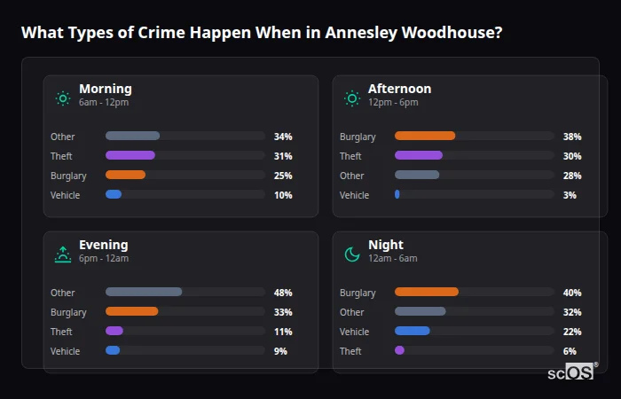 Crime types by time period for Annesley Woodhouse - showing breakdown of burglary, violence, theft, and vehicle crime by morning, afternoon, evening, and night