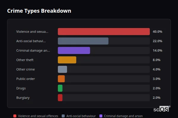 Crime Types Breakdown - Newstead Crime Types Breakdown for Newstead - showing Violence and sexual offences (40%), Anti-social behaviour (22%), Criminal damage and arson (14%)