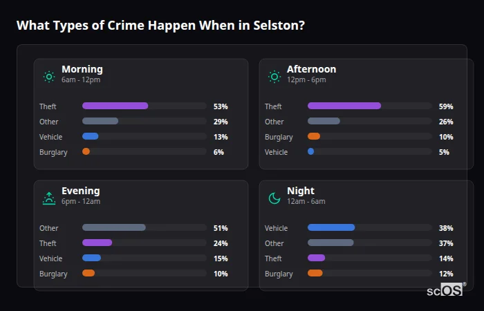 What Types of Crime Happen When in Selston? Crime types by time period for Selston - showing breakdown of burglary, violence, theft, and vehicle crime by morning, afternoon, evening, and night
