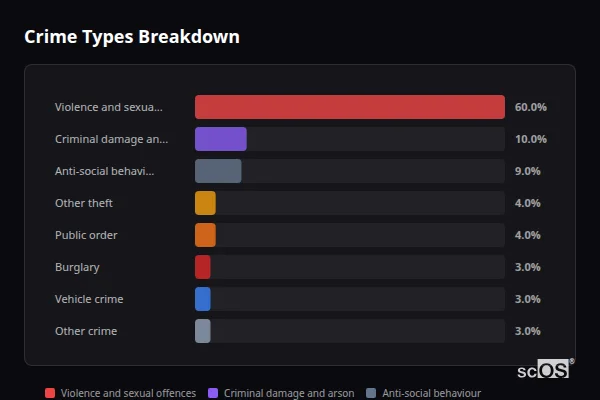 Crime Types Breakdown for Finberry - showing Violence and sexual offences (60%), Criminal damage and arson (10%), Anti-social behaviour (9%)