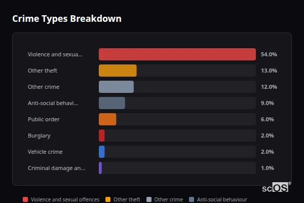 Crime Types Breakdown for Hamstreet - showing Violence and sexual offences (54%), Other theft (13%), Other crime (12%)