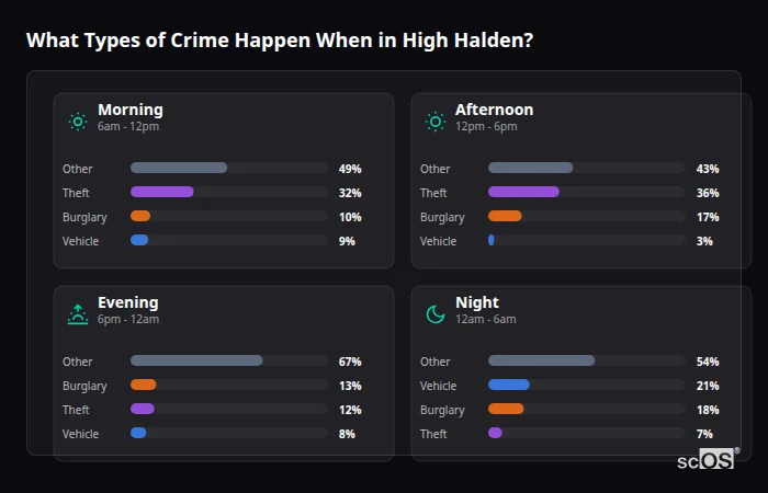 What Types of Crime Happen When in High Halden? Crime types by time period for High Halden - showing breakdown of burglary, violence, theft, and vehicle crime by morning, afternoon, evening, and night