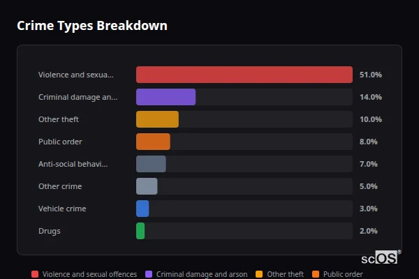 Crime Types Breakdown for Old Wives Lees - showing Violence and sexual offences (51%), Criminal damage and arson (14%), Other theft (10%)