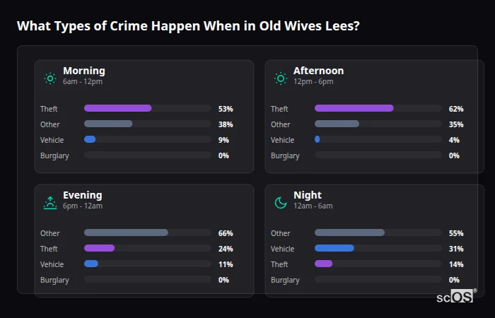 Crime types by time period for Old Wives Lees - showing breakdown of burglary, violence, theft, and vehicle crime by morning, afternoon, evening, and night