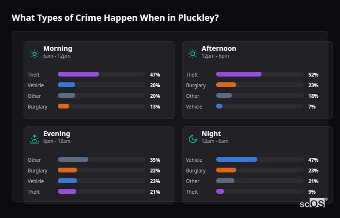 What Types of Crime Happen When in Pluckley? Crime types by time period for Pluckley - showing breakdown of burglary, violence, theft, and vehicle crime by morning, afternoon, evening, and night