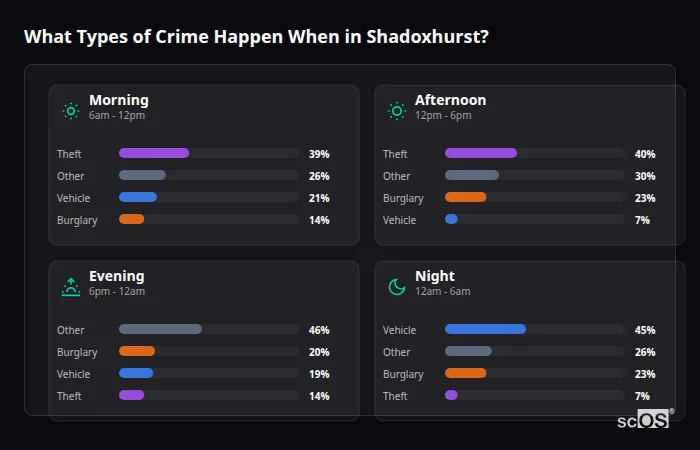 Crime types by time period for Shadoxhurst - showing breakdown of burglary, violence, theft, and vehicle crime by morning, afternoon, evening, and night