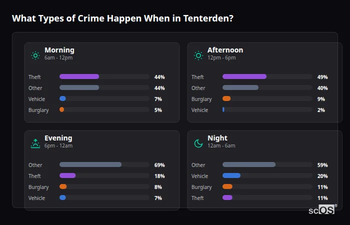 What Types of Crime Happen When in Tenterden? Crime types by time period for Tenterden - showing breakdown of burglary, violence, theft, and vehicle crime by morning, afternoon, evening, and night