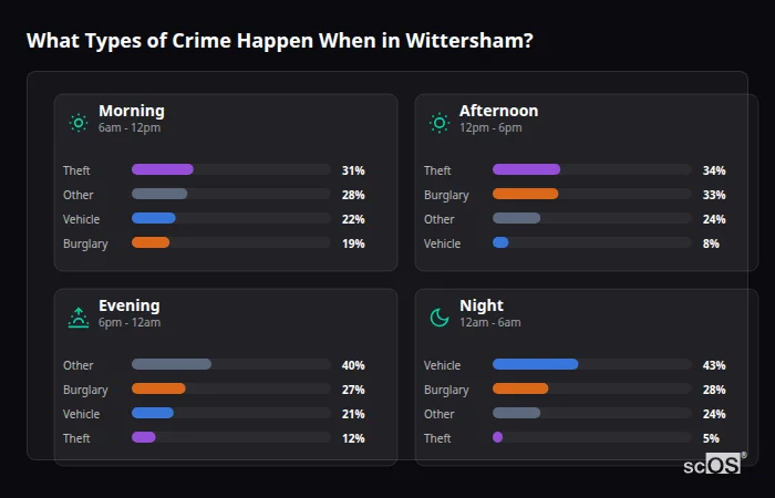 Crime types by time period for Wittersham - showing breakdown of burglary, violence, theft, and vehicle crime by morning, afternoon, evening, and night