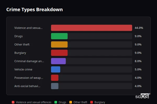Crime Types Breakdown for Woodchurch - showing Violence and sexual offences (44%), Drugs (9%), Other theft (9%)