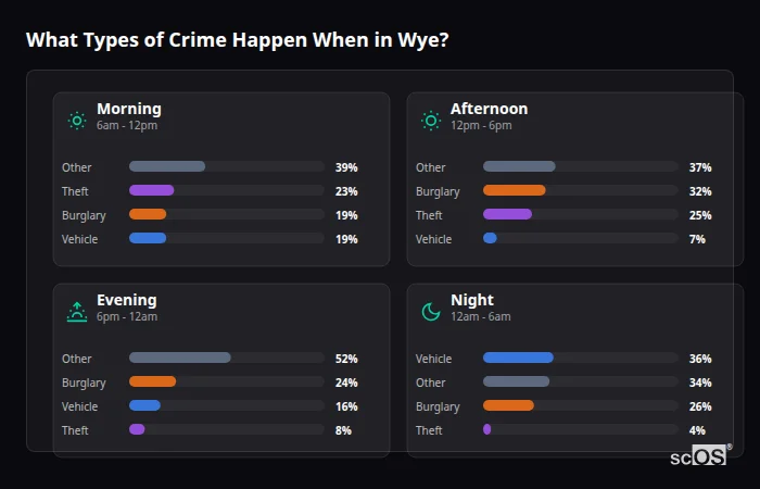 What Types of Crime Happen When in Wye? Crime types by time period for Wye - showing breakdown of burglary, violence, theft, and vehicle crime by morning, afternoon, evening, and night