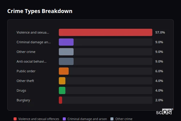 Crime Types Breakdown - Acton Crime Types Breakdown for Acton - showing Violence and sexual offences (57%), Criminal damage and arson (9%), Other crime (9%)