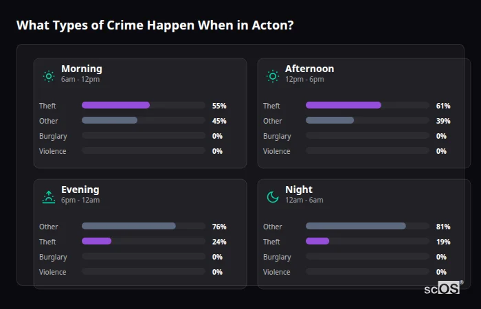 What Types of Crime Happen When in Acton? Crime types by time period for Acton - showing breakdown of burglary, violence, theft, and vehicle crime by morning, afternoon, evening, and night