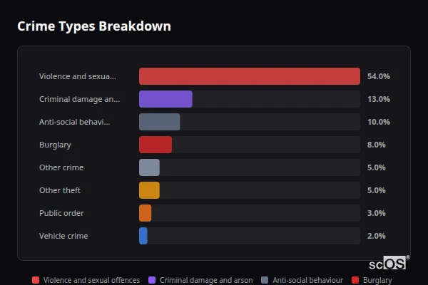 Crime Types Breakdown for East Bergholt - showing Violence and sexual offences (54%), Criminal damage and arson (13%), Anti-social behaviour (10%)