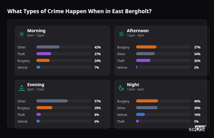 Crime types by time period for East Bergholt - showing breakdown of burglary, violence, theft, and vehicle crime by morning, afternoon, evening, and night