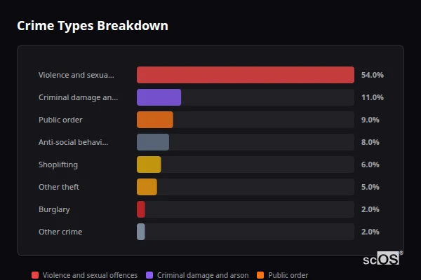 Crime Types Breakdown for Hadleigh - showing Violence and sexual offences (54%), Criminal damage and arson (11%), Public order (9%)