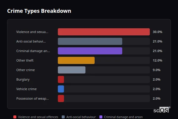 Crime Types Breakdown for Shotley Gate - showing Violence and sexual offences (30%), Anti-social behaviour (21%), Criminal damage and arson (21%)