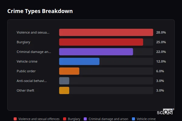 Crime Types Breakdown - Stratford St Mary Crime Types Breakdown for Stratford St Mary - showing Violence and sexual offences (28%), Burglary (25%), Criminal damage and arson (22%)