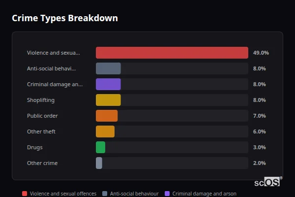Crime Types Breakdown for Sudbury - showing Violence and sexual offences (49%), Anti-social behaviour (8%), Criminal damage and arson (8%)