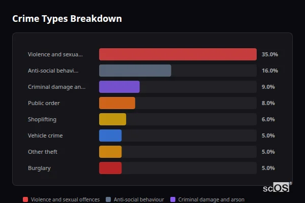 Crime Types Breakdown for Barnsley - showing Violence and sexual offences (34%), Anti-social behaviour (16%), Public order (9%)