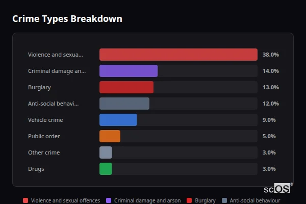 Crime Types Breakdown for Brierley - showing Violence and sexual offences (38%), Criminal damage and arson (14%), Burglary (13%)