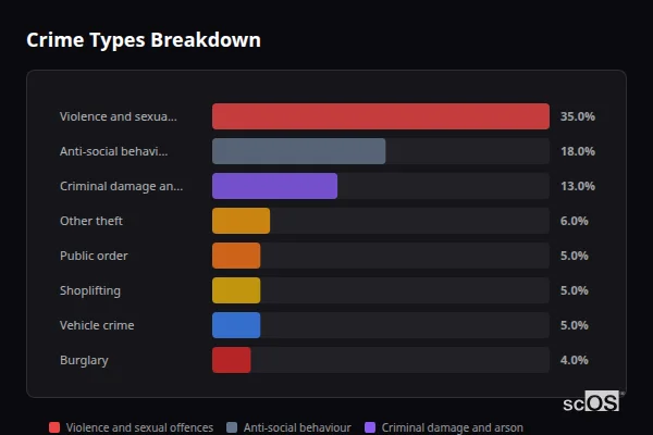 Crime Types Breakdown for Dodworth - showing Violence and sexual offences (35%), Anti-social behaviour (18%), Criminal damage and arson (13%)
