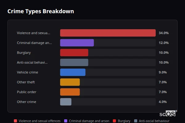 Crime Types Breakdown for Goldthorpe - showing Violence and sexual offences (34%), Criminal damage and arson (12%), Burglary (10%)