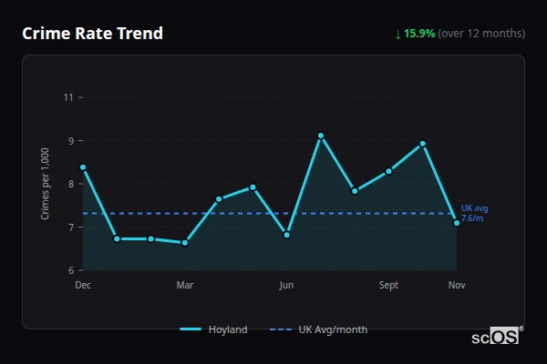 Crime Rate Trend for Hoyland - showing 15.9% decrease over 12 months