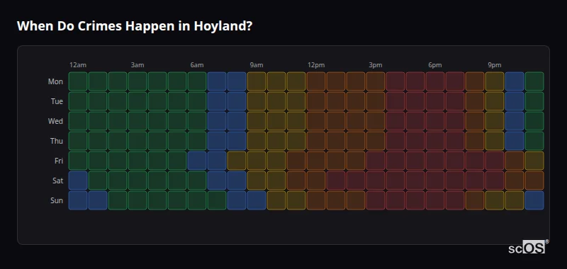 Crime time heatmap for Hoyland - showing when crimes are most likely to occur by day and hour