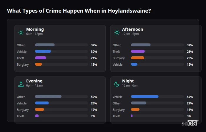 Crime types by time period for Hoylandswaine - showing breakdown of burglary, violence, theft, and vehicle crime by morning, afternoon, evening, and night