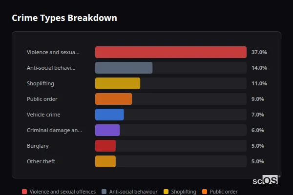 Crime Types Breakdown for Penistone - showing Violence and sexual offences (37%), Anti-social behaviour (14%), Shoplifting (11%)