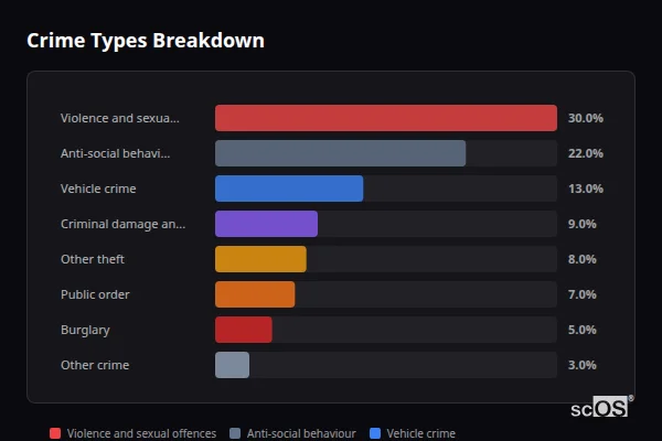 Crime Types Breakdown for Rural Barnsley - showing Violence and sexual offences (30%), Anti-social behaviour (22%), Vehicle crime (13%)