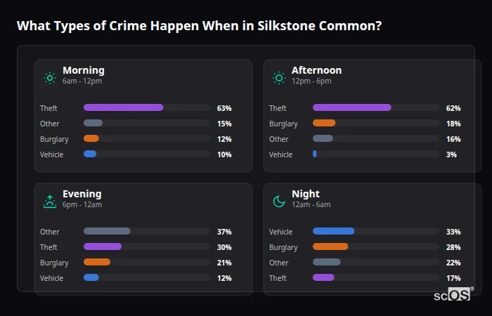 Crime types by time period for Silkstone Common - showing breakdown of burglary, violence, theft, and vehicle crime by morning, afternoon, evening, and night