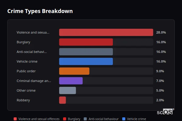 Crime Types Breakdown - Silkstone Crime Types Breakdown for Silkstone - showing Violence and sexual offences (28%), Burglary (16%), Anti-social behaviour (16%)