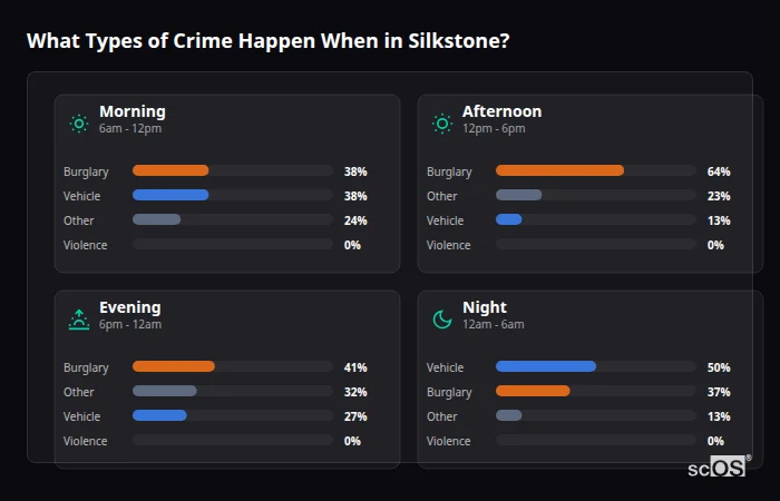 What Types of Crime Happen When in Silkstone? Crime types by time period for Silkstone - showing breakdown of burglary, violence, theft, and vehicle crime by morning, afternoon, evening, and night