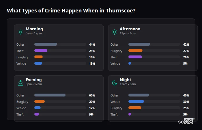 Crime types by time period for Thurnscoe - showing breakdown of burglary, violence, theft, and vehicle crime by morning, afternoon, evening, and night