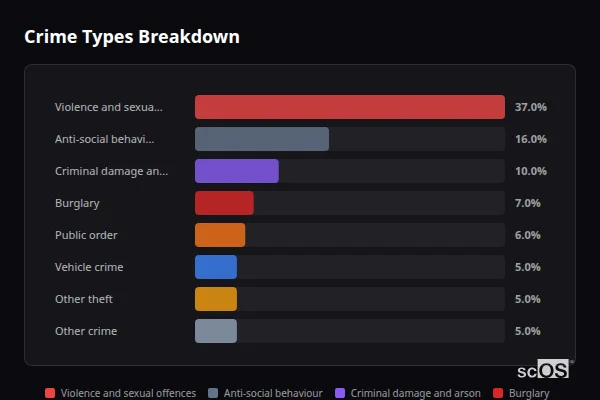 Crime Types Breakdown for Worsbrough - showing Violence and sexual offences (37%), Anti-social behaviour (16%), Criminal damage and arson (10%)