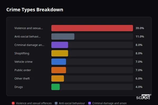 Crime Types Breakdown for Basildon - showing Violence and sexual offences (40%), Anti-social behaviour (10%), Criminal damage and arson (8%)