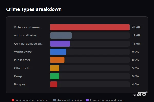 Crime Types Breakdown - North Benfleet Crime Types Breakdown for North Benfleet - showing Violence and sexual offences (44%), Anti-social behaviour (12%), Criminal damage and arson (11%)