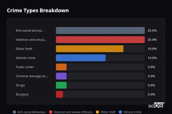 Crime Types Breakdown for Rural Basildon - showing Anti-social behaviour (25%), Violence and sexual offences (25%), Other theft (19%)
